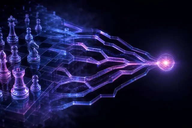 Holographic glass chessboard dissolving into branching reasoning paths that converge on one glowing node