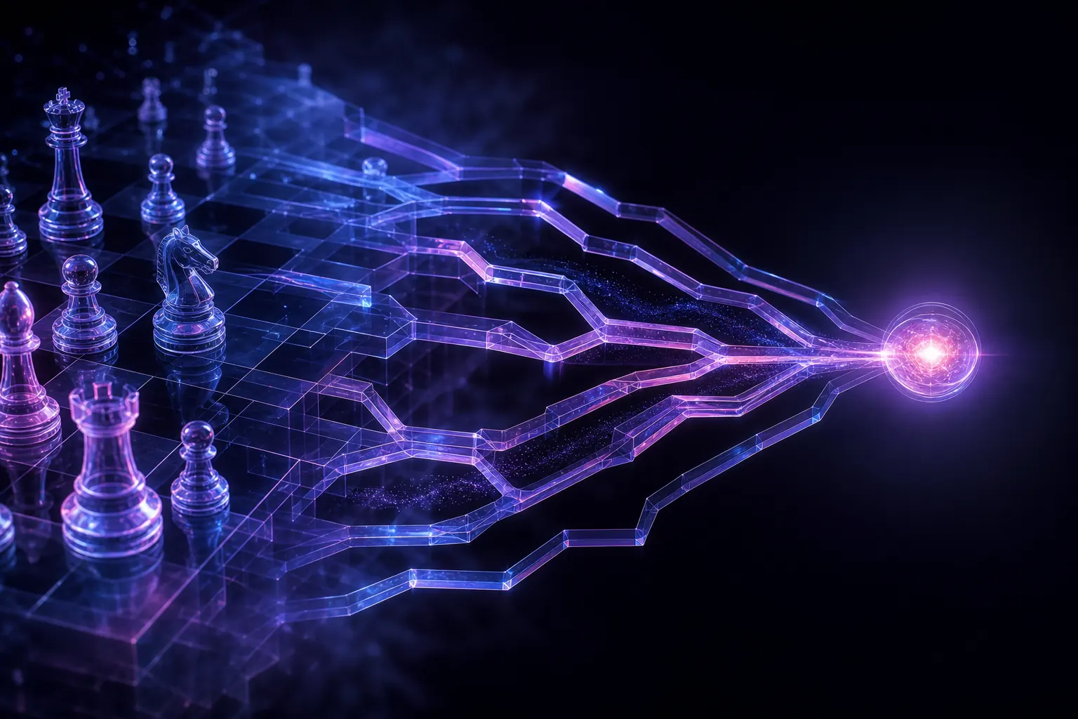 Holographic glass chessboard dissolving into branching reasoning paths that converge on one glowing node