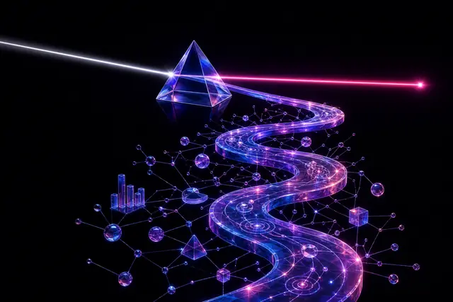 Glass prism router splitting a beam into a short bright path and a long winding spiral of thought