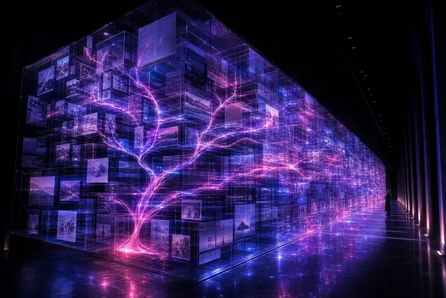 Translucent glass archive of brand documents in a long corridor threaded by a luminous branching path