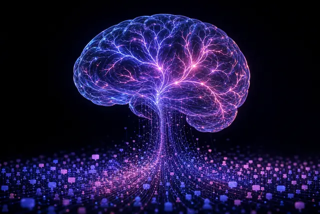 Glowing social-conversation particles flowing like roots into a holographic glass brain of branching paths