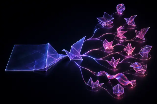 Glass creative brief folding into origami that branches into glowing alternative creative directions