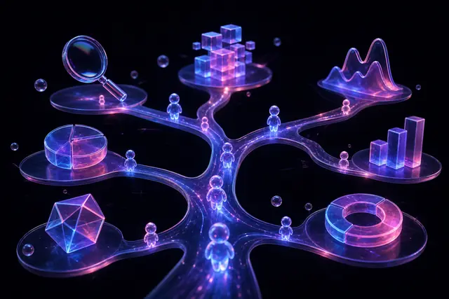 Small luminous glass agents travelling branching paths between floating research tools in darkness