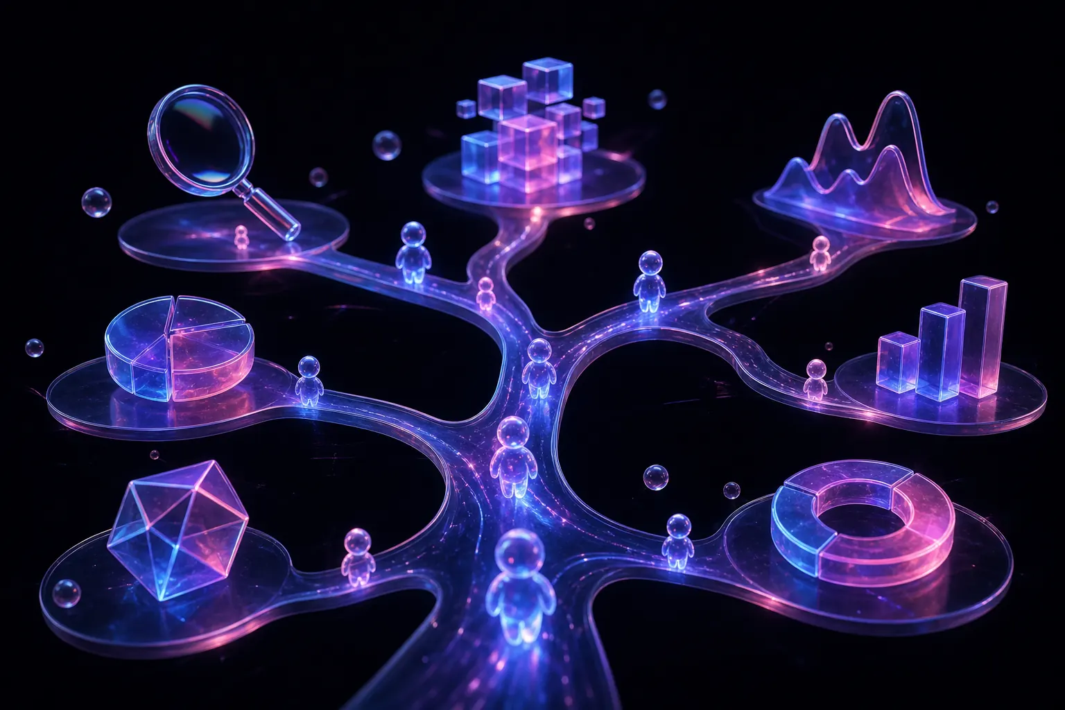 Small luminous glass agents travelling branching paths between floating research tools in darkness