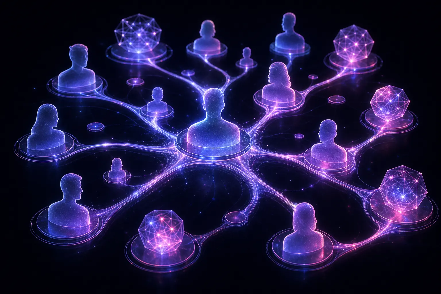 Constellation of frosted glass human silhouettes linked by luminous branching paths to AI nodes