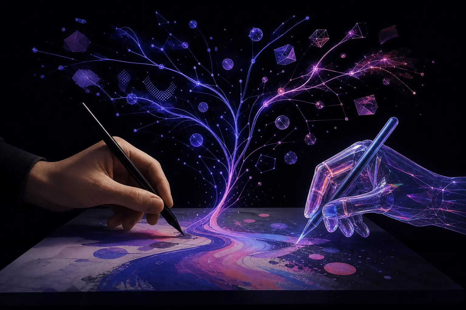 Human hand and holographic glass hand drawing together, their strokes forming branching reasoning paths