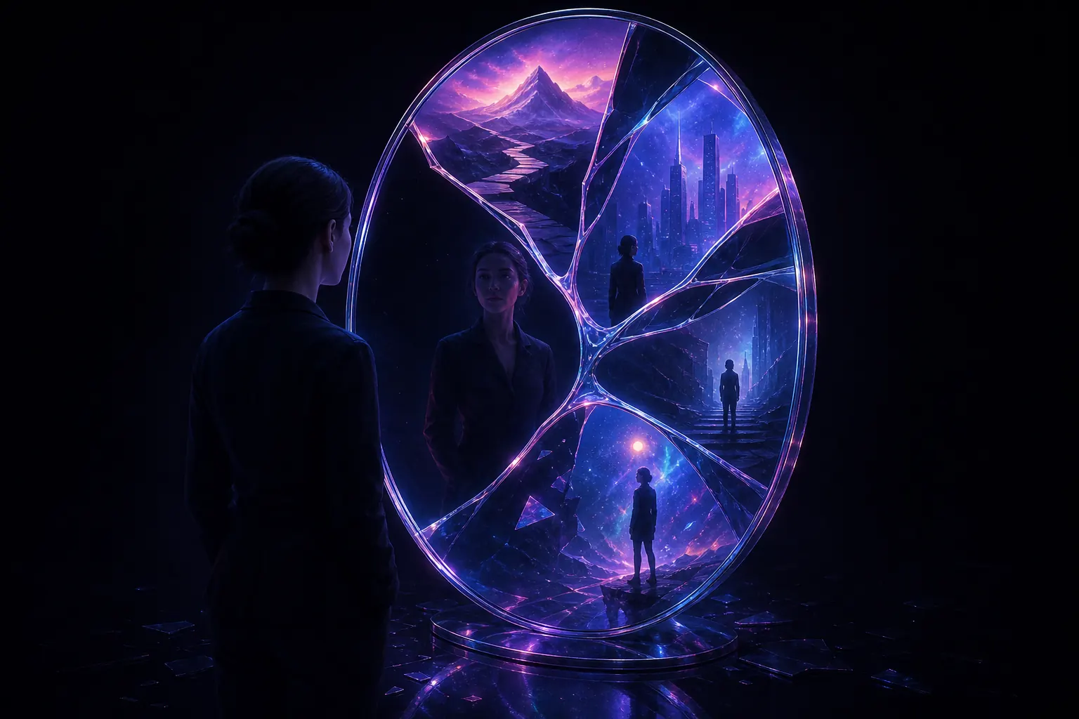 Holographic glass mirror splitting a reflection into branching honest alternative paths